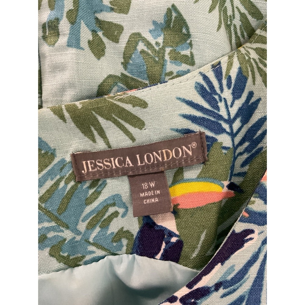 Jessica London 18W Linen Blend Dress Turquoise Floral Bird Print Lined - Picture 5 of 13